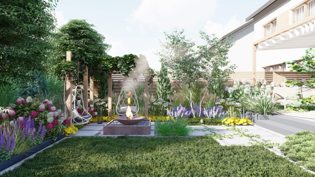 nowoczesny ogród z paleniskiem