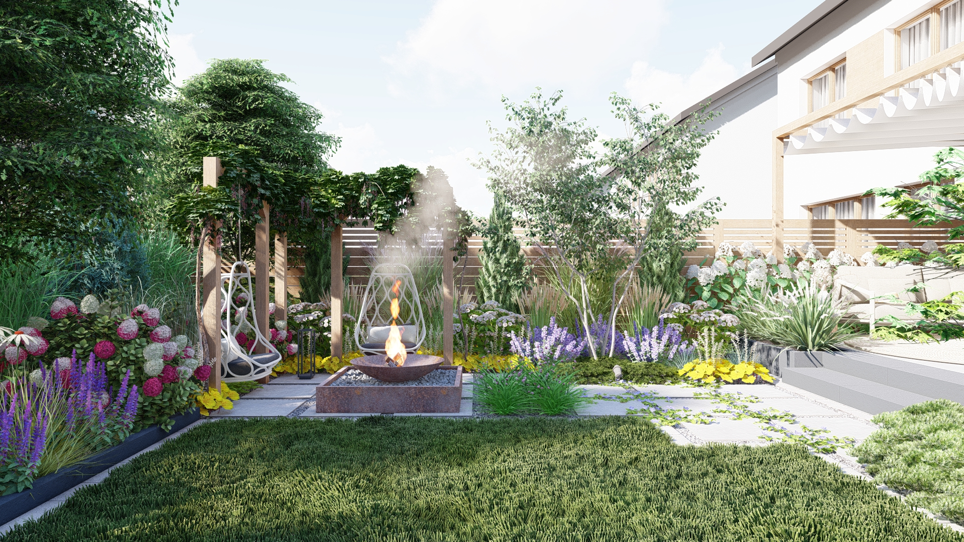 nowoczesny ogród z paleniskiem